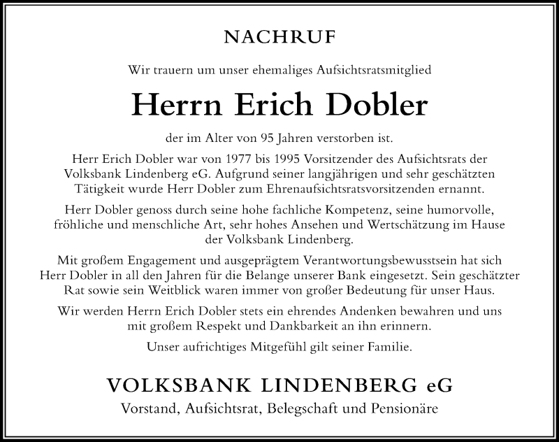  Traueranzeige für Erich Dobler vom 20.02.2021 aus Der Westallgäuer