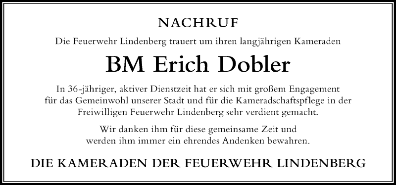  Traueranzeige für Erich Dobler vom 19.02.2021 aus Der Westallgäuer