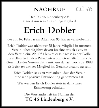 Traueranzeige von Erich Dobler von Der Westallgäuer