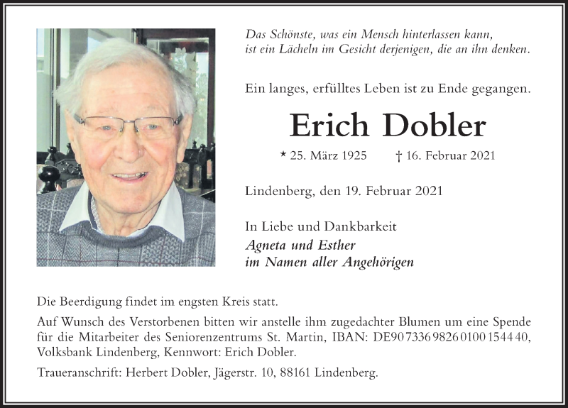  Traueranzeige für Erich Dobler vom 19.02.2021 aus Der Westallgäuer