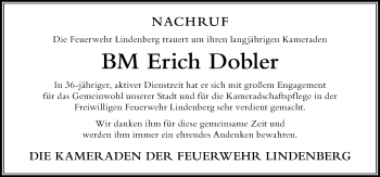 Traueranzeige von Erich Dobler von Der Westallgäuer