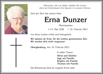 Traueranzeige von Erna Dunzer von Allgäuer Zeitung, Marktoberdorf