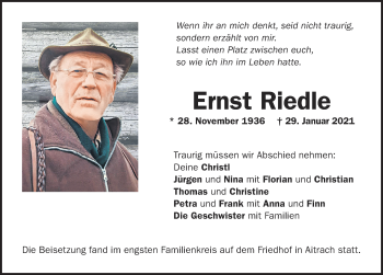 Traueranzeige von Ernst Riedle von Memminger Zeitung