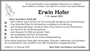 Traueranzeige von Erwin Hofer von Allgäuer Zeitung, Kaufbeuren/Buchloe