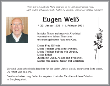 Traueranzeige von Eugen Weiß von Allgäuer Anzeigeblatt