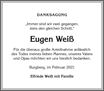 Traueranzeige von Eugen Weiß von Allgäuer Anzeigeblatt