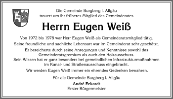Traueranzeige von Eugen Weiß von Allgäuer Anzeigeblatt