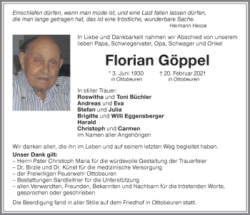 Traueranzeige von Florian Göppel von Memminger Zeitung