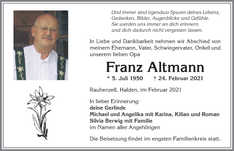  Traueranzeige für Franz Altmann vom 27.02.2021 aus Allgäuer Anzeigeblatt