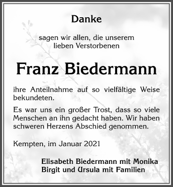Traueranzeige von Franz Biedermann von Allgäuer Zeitung,Kempten