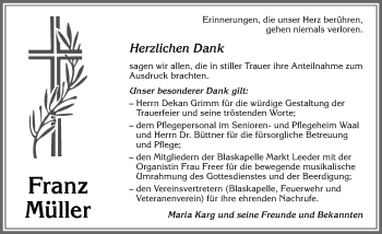 Traueranzeige von Franz Müller von Allgäuer Zeitung, Kaufbeuren/Buchloe