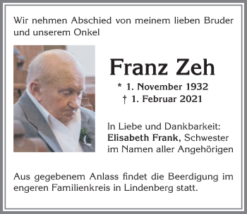 Traueranzeige von Franz Zeh von Allgäuer Zeitung, Kaufbeuren/Buchloe