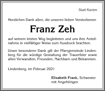 Traueranzeige von Franz Zeh von Allgäuer Zeitung, Kaufbeuren/Buchloe