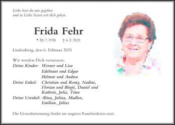 Traueranzeige von Frida Fehr von Der Westallgäuer