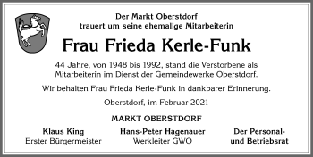 Traueranzeige von Frieda Kerle-Funk von Allgäuer Anzeigeblatt