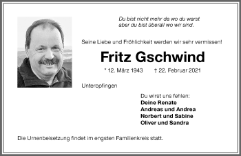 Traueranzeige von Fritz Gschwind von Memminger Zeitung