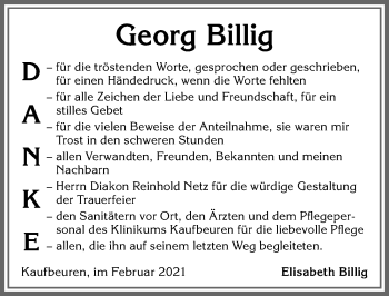 Traueranzeige von Georg Billig von Allgäuer Zeitung, Kaufbeuren/Buchloe