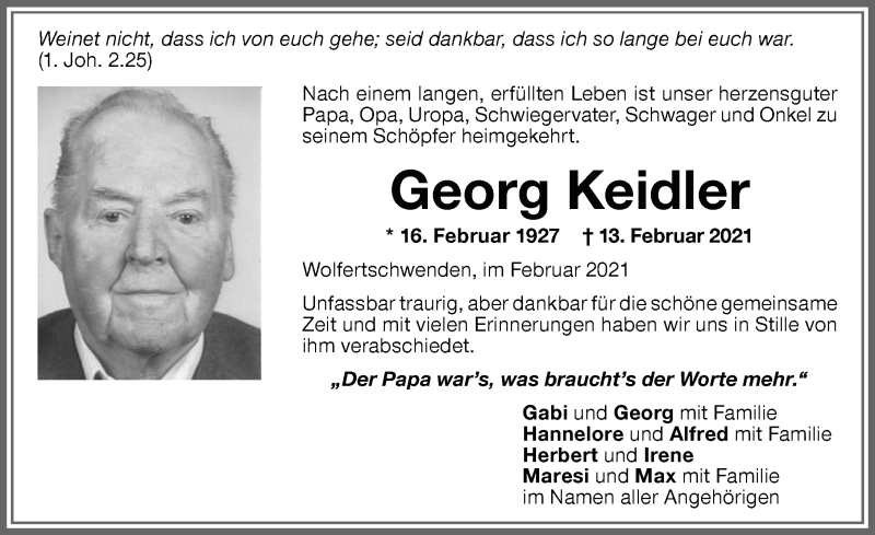  Traueranzeige für Georg Keidler vom 25.02.2021 aus Memminger Zeitung