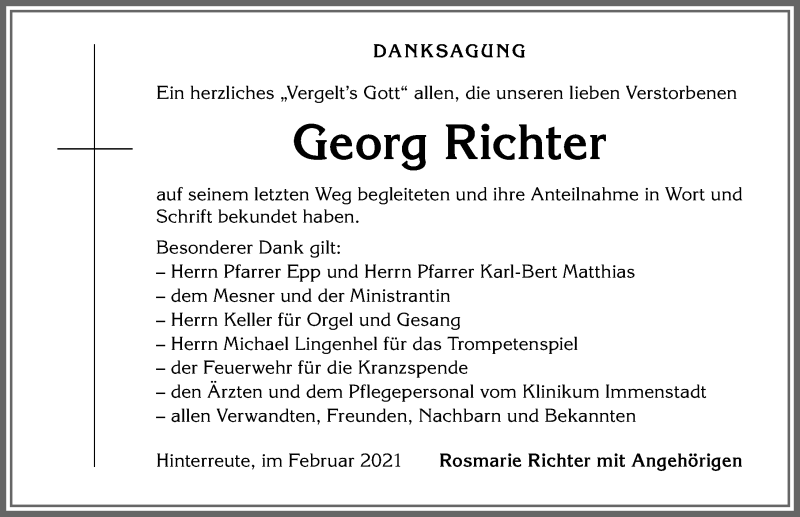  Traueranzeige für Georg Richter vom 03.02.2021 aus Allgäuer Anzeigeblatt