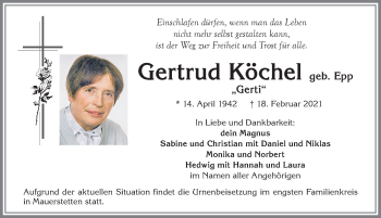 Traueranzeige von Gertrud Köchel von Allgäuer Zeitung, Kaufbeuren/Buchloe