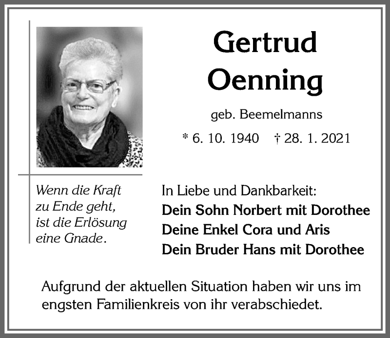  Traueranzeige für Gertrud Oenning vom 06.02.2021 aus Allgäuer Zeitung, Füssen
