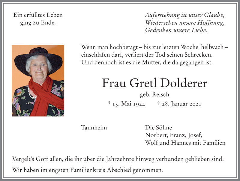  Traueranzeige für Gretl Dolderer vom 06.02.2021 aus Memminger Zeitung