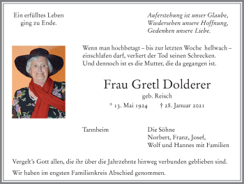 Traueranzeige von Gretl Dolderer von Memminger Zeitung