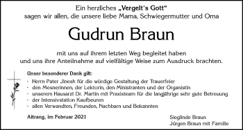 Traueranzeige von Gudrun Braun von Allgäuer Zeitung, Marktoberdorf
