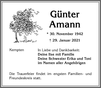 Traueranzeige von Günter Amann von Allgäuer Zeitung,Kempten