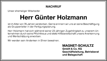 Traueranzeige von Günter Holzmann von Memminger Zeitung