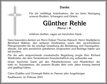 Traueranzeige von Günther Rehle von Allgäuer Zeitung, Kaufbeuren/Buchloe