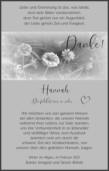 Traueranzeige von Hannah Röhrle von Der Westallgäuer