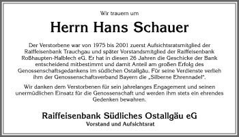Traueranzeige von Hans Schauer von Allgäuer Zeitung, Füssen