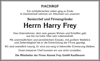 Traueranzeige von Harry Frey von Allgäuer Zeitung, Kaufbeuren/Buchloe