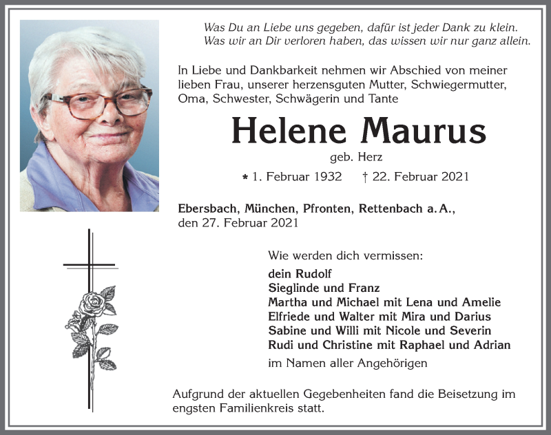  Traueranzeige für Helene Maurus vom 27.02.2021 aus Allgäuer Zeitung, Marktoberdorf