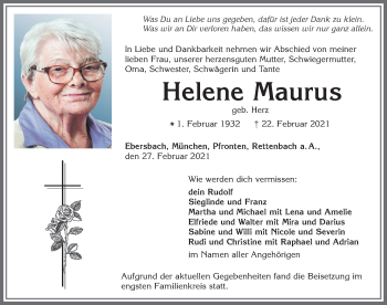 Traueranzeige von Helene Maurus von Allgäuer Zeitung, Marktoberdorf