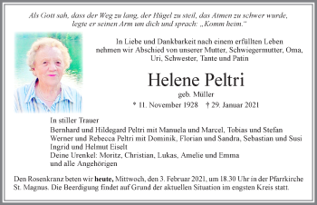 Traueranzeige von Helene Peltri von Allgäuer Zeitung, Marktoberdorf