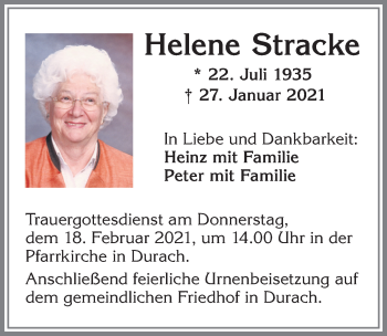 Traueranzeige von Helene Stracke von Allgäuer Zeitung,Kempten