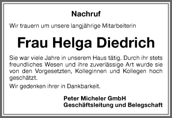 Traueranzeige von Helga Diedrich von Memminger Zeitung