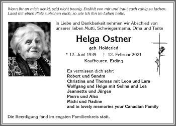 Traueranzeige von Helga Ostner von Allgäuer Zeitung, Kaufbeuren/Buchloe