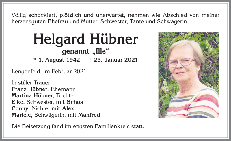  Traueranzeige für Helgard Hübner vom 13.02.2021 aus Allgäuer Zeitung, Kaufbeuren/Buchloe