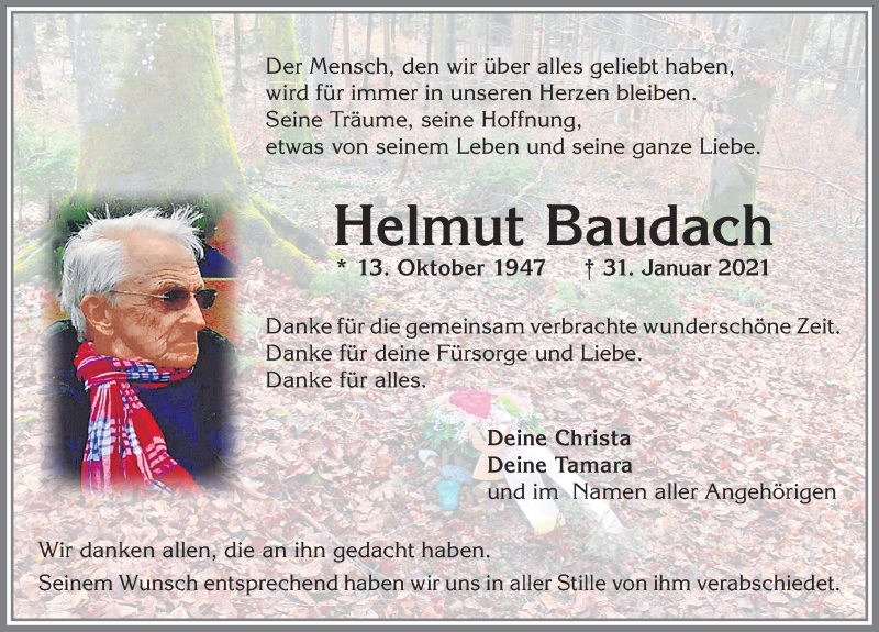  Traueranzeige für Helmut Baudach vom 27.02.2021 aus Allgäuer Zeitung, Füssen