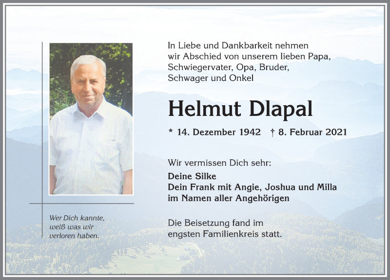  Traueranzeige für Helmut Dlapal vom 13.02.2021 aus Allgäuer Zeitung,Kempten