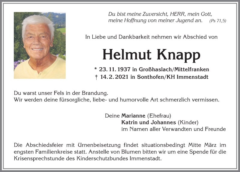  Traueranzeige für Helmut Knapp vom 20.02.2021 aus Allgäuer Anzeigeblatt