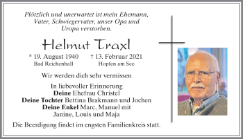 Traueranzeige von Helmut Traxl von Allgäuer Zeitung, Füssen