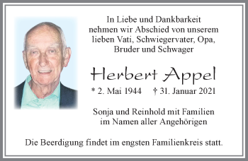 Traueranzeige von Herbert Appel von Allgäuer Zeitung, Füssen