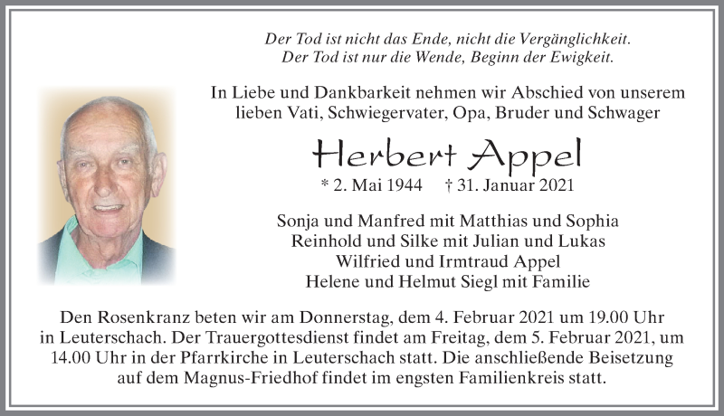  Traueranzeige für Herbert Appel vom 03.02.2021 aus Allgäuer Zeitung, Marktoberdorf