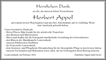 Traueranzeige von Herbert Appel von Allgäuer Zeitung, Marktoberdorf