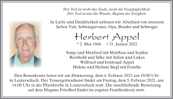 Traueranzeige von Herbert Appel von Allgäuer Zeitung, Marktoberdorf