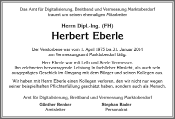 Traueranzeige von Herbert Eberle von Allgäuer Zeitung, Marktoberdorf